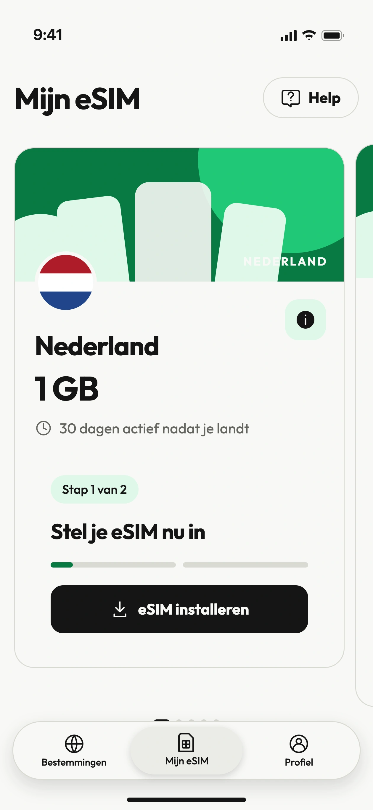 Mijn eSIMs in de Nimble-app, voorbeeldweergave